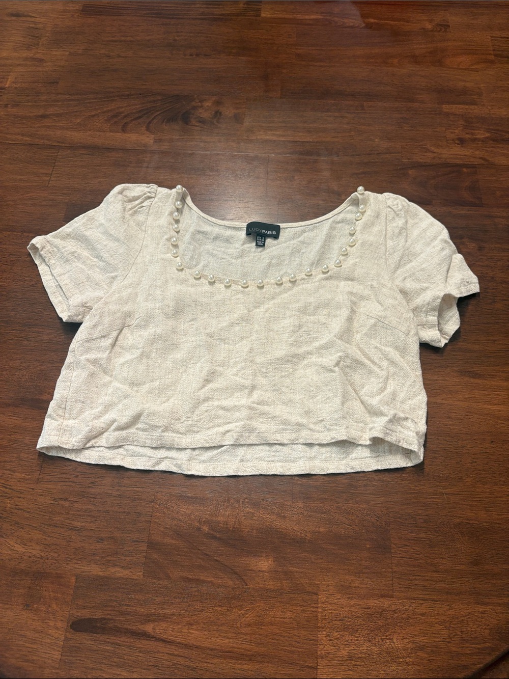 Lucy Paris Cream Pearl-Trim Scoop Crop Top